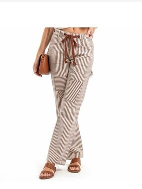 BiBi Drawstring Striped Twill Barrel Pants- Mocha Brown